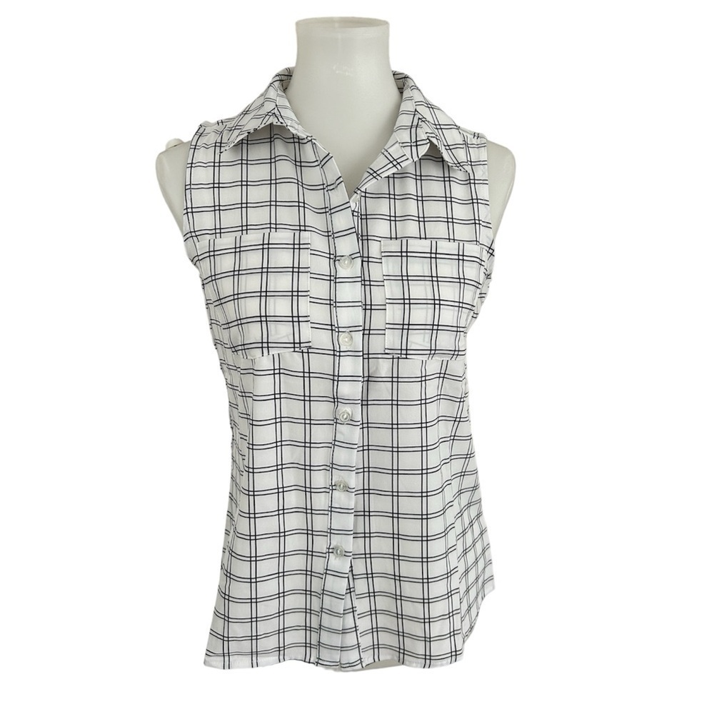 Notations sleeveless button-down checkered print … - image 2